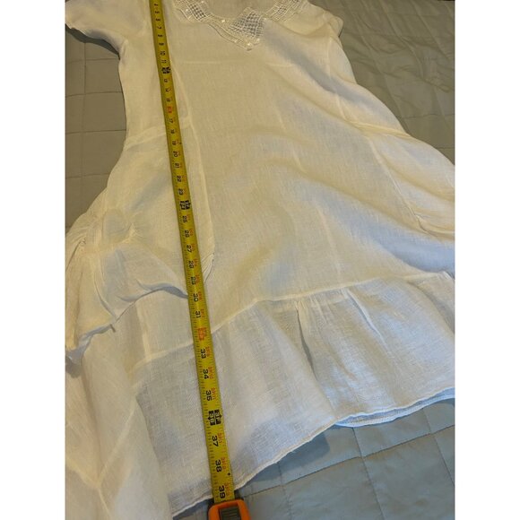 TEMPO PARIS Off White 100% Linen Artsy Dress Rauched Skirt Asymetrical Hem SZ M - Picture 4 of 16